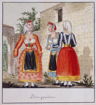 Szardíniai nők jelmezben Campidanoból, nyomtatott ms.258, Luzzetti Collection alkotó: Italian School
