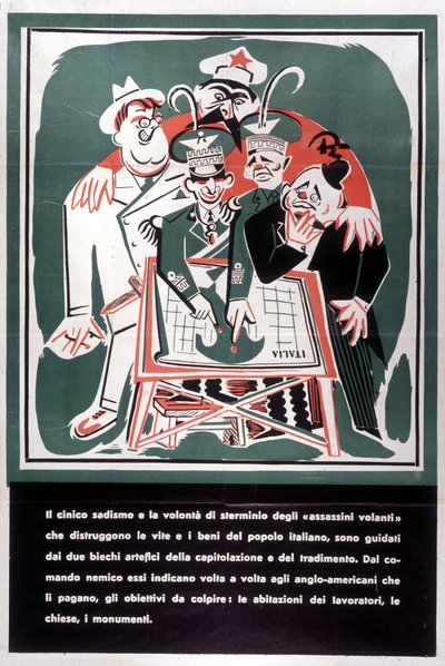 Szatirikus vignetta III. (Vittorio Emanuele) Viktor Emánuel (Victor-Emmanuel) és Badoglio árulói ellen. 1944. alkotó: Italian School