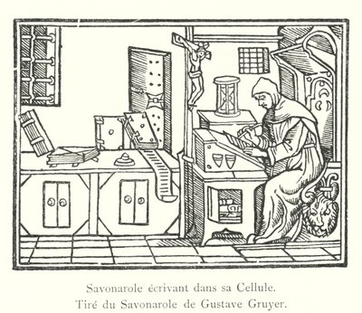 Savonarola írás a cellájában, Gustave Gruyer Savonarolából (metszet) alkotó: Italian School