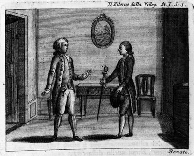 Carlo Goldoni (1707-1793) „” Ritorno della villeggiatura” (A város visszatér) (1761) című képregényének I. felvonásának 1. jelenete. 18. századi metszet alkotó: Italian School