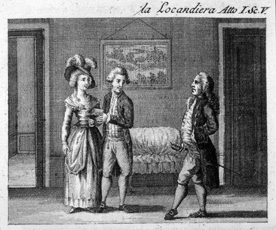 Carlo Goldoni (1707-1793) „La locandiera” (1753) című darabjának I. felvonásának 5. jelenete. 18. századi metszet alkotó: Italian School
