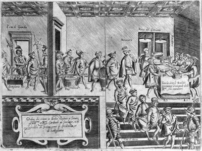 A bíborosok szolgálata konklávé alatt. Metszet az „Operából”, 6 részre osztott gasztronómiai könyv, Bartolomeo Scappi, V. Pius pápa velencei szakácsa. alkotó: Italian School