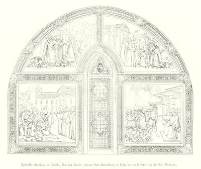 Spinello Aretino, Totila, Roi des Goths, Devant San Benedetto, Cote est de la Sacristie de San Miniato (metszet) alkotó: Italian School