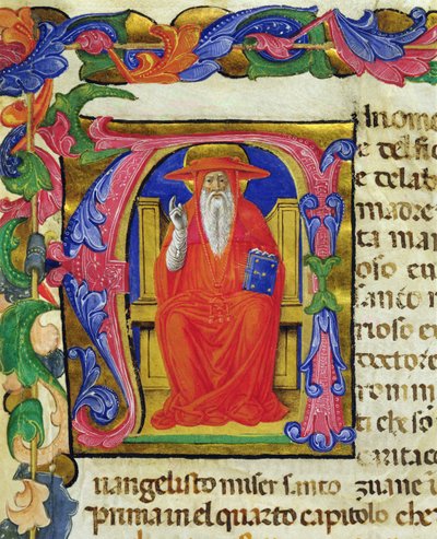 Szent Jeromos, a Szent Jeroma laikus céh egyik Mariegolájából, 1400 körül (tinta és aranylevél pergamen) alkotó: Italian School