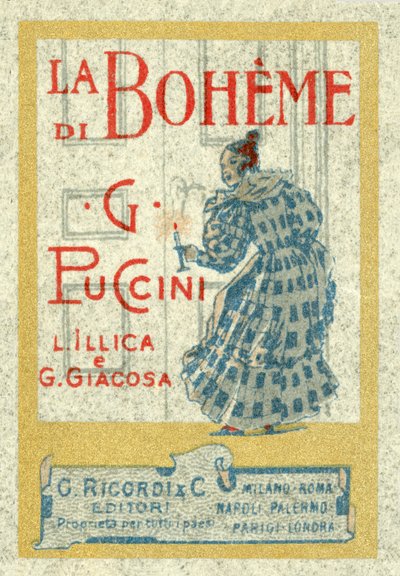 Giacomo Puccinis La Boheme bélyeg méretű reklámja, először 1896-ban alkotó: Italian School