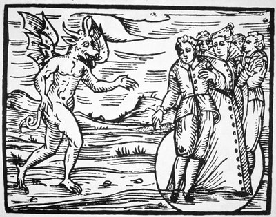 Az ördög felidézése, egy illusztráció másolata a Compendium Maleticarumból, Fr M Guacciustól, Milánó, 1608, a mágiatörténetben használt, a 19. század végén megjelent. alkotó: Italian School