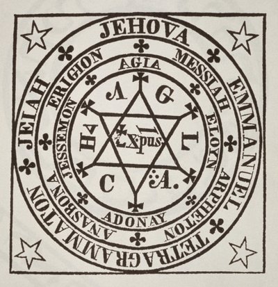 Agrippa nagy mágikus köre a démonok felidézésére, a Les Oeuvres Magiques de Henri Corneille Agrippa illusztrációjának másolata, 1744, Róma, a 19. század végén megjelent mágiatörténetben. alkotó: Italian School