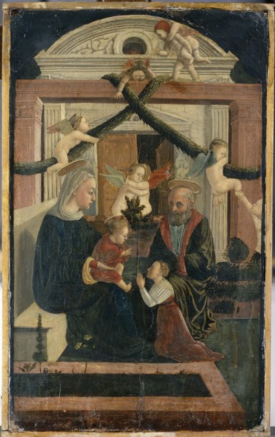A Szent Család adományozóval imában és angyalokat játszó, 1460 körül (tempera fenyőfán) alkotó: Italian School