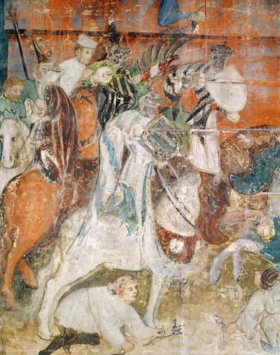 Február hónap, részlet egy lovagról egy versenyen, 1400 körül (freskó) alkotó: Italian School