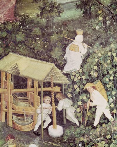 Október hónap, részlet a szőlőt sajtoló szőlőszedőkről, 1400 körül (freskó) alkotó: Italian School