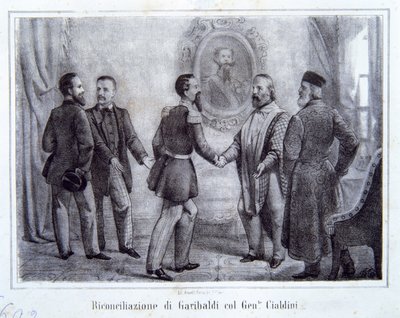 Garibaldi megbékélése Cialdini tábornokkal, illusztráció az Olaszország történelméből alkotó: Italian School