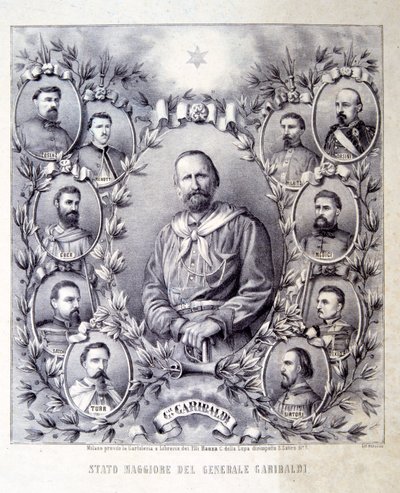 Garibaldi tábornok vezérkara, illusztráció az Olaszország történelméből alkotó: Italian School