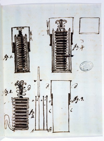 A Voltaic kupac (akkumulátor). Rajz Alessandro Volta (1745-1827) Dieudonne Dolomieu-hoz (1750-1801) írt leveléből galvanizálásról, 1801 (toll és tinta papíron) alkotó: Italian School