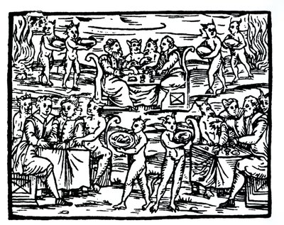 A Boszorkányok szombatja, egy illusztráció másolata a Compendium Maleficarumból, Fr M Guacciustól, Milánó, 1608, a Varázstörténetben használt, a 19. század végén megjelent. alkotó: Italian School
