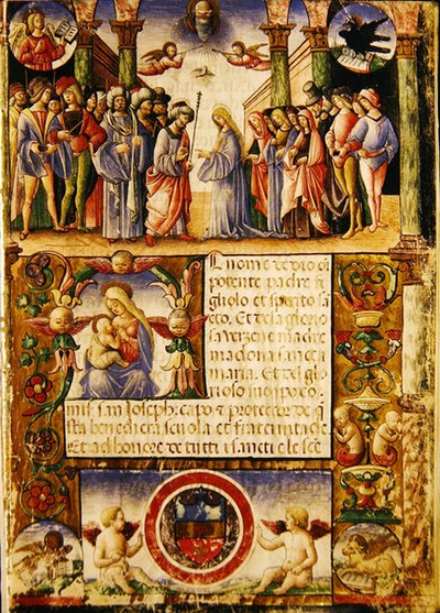 Szűzanya eljegyzése, a Szent József és Szent Szilveszter világi céh egyik Mariegolájából, 1315 (tinta pergamen) alkotó: Italian School