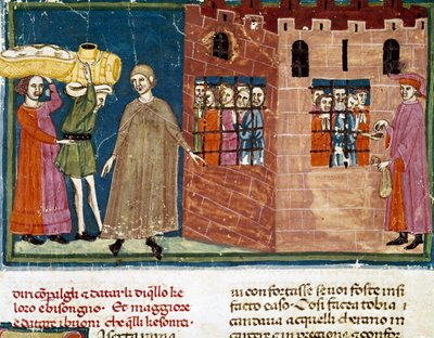 Ételek kiosztása a foglyoknak A firenzei iskola miniatűrje Ser Zucchero Bencivenni „Pater noster”-ének bővítményéből (MS.II.VI 16.) a 14. század elején Firenze, nemzeti könyvtár alkotó: Italian School