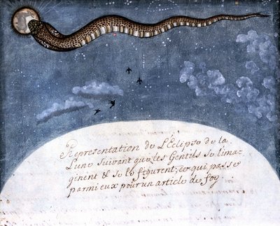 A mogol indiánok által elképzelt holdfogyatkozás (a holdat felfaló kígyó) Stefano Nivibus Cardeira „Mogol története” (Moghul vagy Moghol) kéziratából vett oldal (8300). 18. század. Bibloteca marciana, Velence alkotó: Italian School