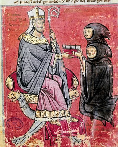Benedetto da Bari szerzetes (a fiatalokat és az időseket képviseli, jelezve, hogy munkája megírása egész életét megviselte) átadta Balsamo apátnak (13. század), a cava de tirreni bencés apátság vezetőjének, a De Septem Sigillis kódexet Újra alkotó: Italian School