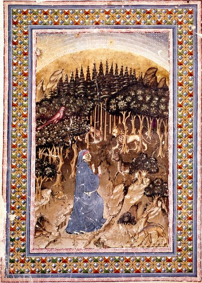 Dante költő egy sötét erdőben találja magát. A Pokol első dalának megvilágított oldala Dante Alighieri (1265-1321) „Divina Commedia” (Isteni színjáték) című művéből merít. Kézirat Ms. Conv. Soppr. 204 alkotó: Italian School