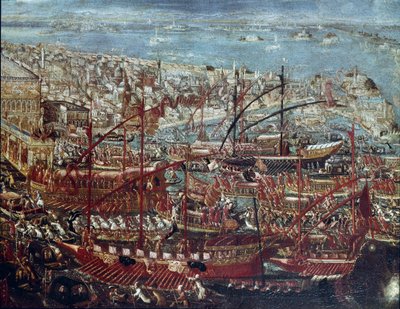 A velencei flotta diadalmas visszatérése az arzenálba a Francesco Morosini dózsa által vezetett törökellenes hadjárat után 1659-ben A Velencei Iskola festménye - 17. század - Velence, Correr Múzeum alkotó: Italian School