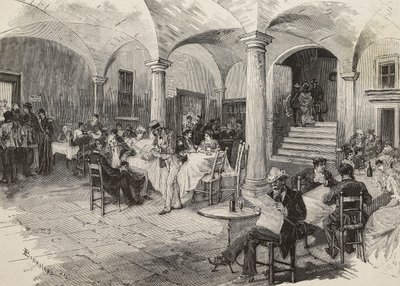 Harmadik osztályú utasok és első osztályú karanténban lévő utasok, csomagok fertőtlenítése, Quarcino kastély, a svájci határon, kolerajárvány, Olaszország, Mancatropa metszet Bonamore rajzából, L