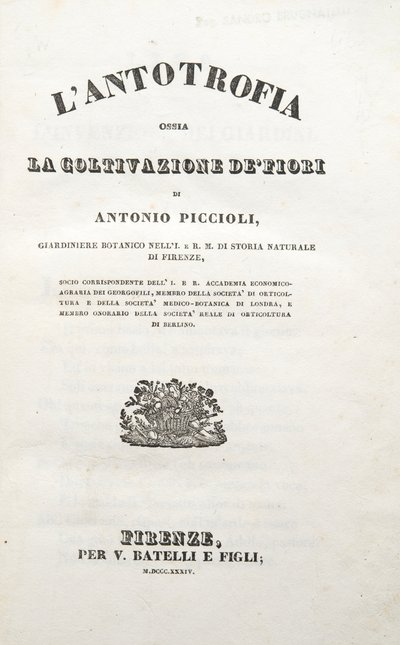 Címlap, Antonio Piccioli Antotrófiájából Avagy Virágtermesztésből, Pub. 1834 (metszet) alkotó: Italian School