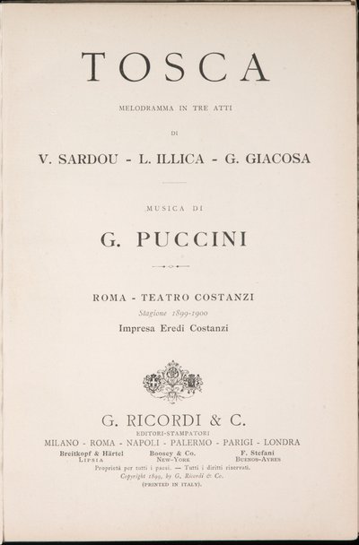Címlap, Libretto della Tosca, szerző: Giacomo Puccini, Ricordi Edition, Olaszország alkotó: Italian School
