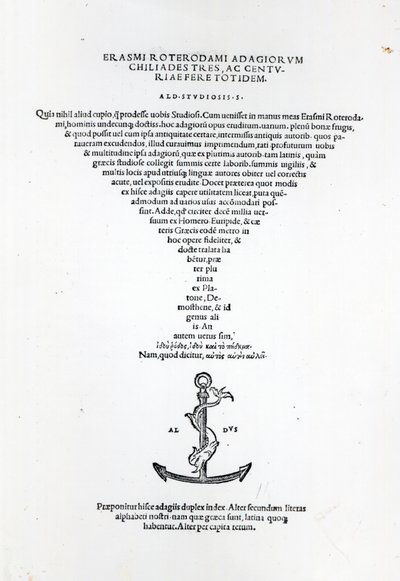 A velencei Aldus Manutius által 1508-ban nyomtatott Erasmus mondák címlapja (nyomtatott papír és metszet) alkotó: Italian School