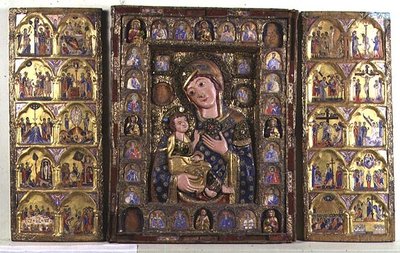 Madonna és gyermek triptichonja evangélistákkal, prófétákkal és Krisztus életének jeleneteivel (fa, ezüst filigrán és zománc) alkotó: Italian School