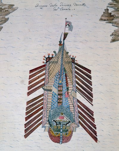 Trireme (hajó három evezőparttal), a tengeri milíciáról szóló értekezésből, a Cristoforo-csatorna mellett (1510-1562), Olaszország alkotó: Italian School
