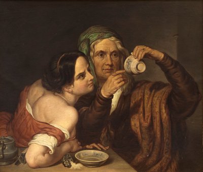 Két nő egy csészével (olaj, fa) alkotó: Italian School