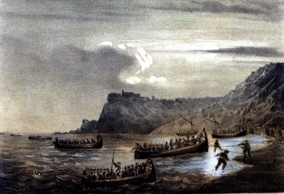 Olaszország egyesülése: az Ezer vagy Vörösingesek expedíciója Giuseppe Garibaldi (1807-1882) vezetésével. Az első garibaldi flotta indulása Calabria felé a Stella erődnél. századi litográfia alkotó: Italian School