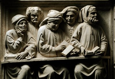 Egyetemi oktatás: hallgatók Részlet. Alacsony dombormű polikróm kőből Lorenzo del Pino, a Bolognai Egyetem jogásza és jogtanára, Dalle Masegne műhelye (14. század vége) által megvalósított, Bolognai Egyetem jogásza. 1395 kb. D alkotó: Italian School