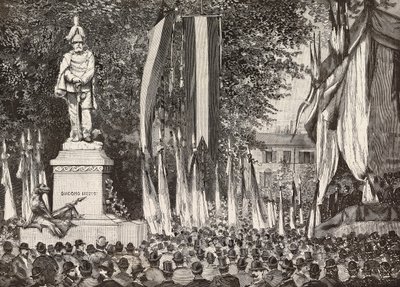 Giacomo Medici tábornok emlékművének leleplezése, Milánó, Olaszország, metszet Edoardo Ximenes rajzából Rossi fényképéről, L