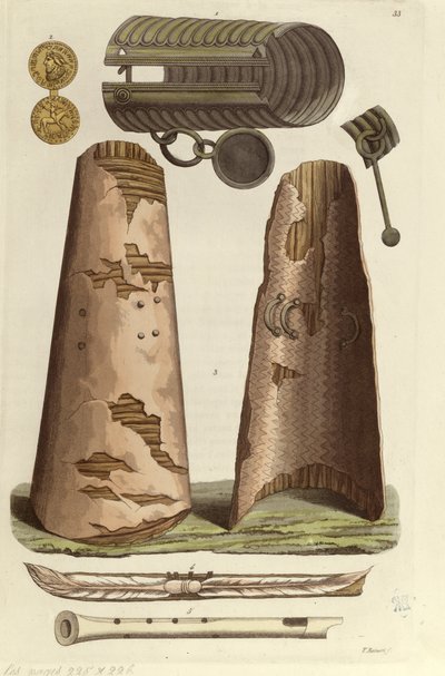 Különféle viking műtárgyak: bronz karkötő, aranyérem rovásírásos ábécével, pajzsok, furulyák. V. Raineri illusztrációja a „Le costume ancien ou moderne” című művéből J. Ferrario, Milano, c. 1820 (színes litó) alkotó: Italian School