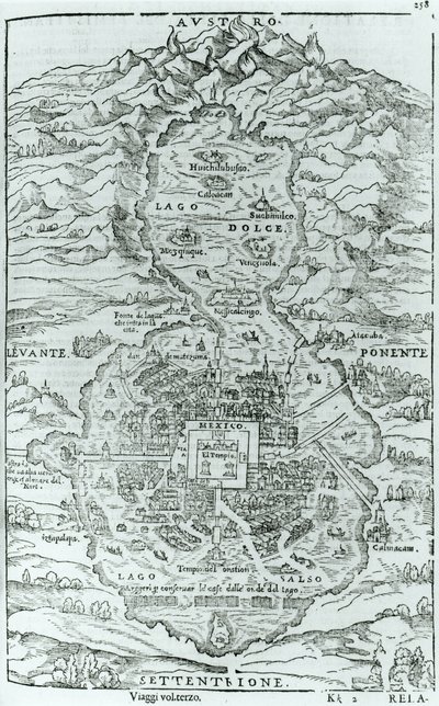Kilátás az azték Tenochtitlan város északi felőli oldaláról, Giovanni Battista Ramusio (1485-1557) 1606-ban Velencében megjelent Relatione della Citta del Temistitanból alkotó: Italian School