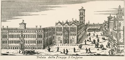Kilátás a Piazza San Crispinóra és a ferrarai katedrálisra, metszet, Olaszország alkotó: Italian School
