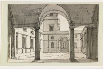 Kilátás egy olasz oszlopcsarnokra és udvarra, 19. század eleje (toll és barna tinta és szürke mosás fekete krétán) alkotó: Italian School