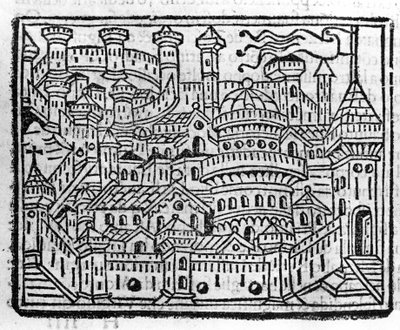 Kilátás az olaszországi Aosta városára. Fra Jacopo Filippo Foresti, velencei metszet a krónikák „mellékletébe” alkotó: Italian School