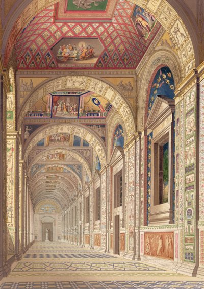 Kilátás a második emeleti loggiára a Vatikánban, Raphael díszítésével, a Delle Loggie di Rafaele nel Vaticano-ból, 1814-es kiadásban ömlesztett levélként (kézzel színezett metszet) alkotó: Italian School