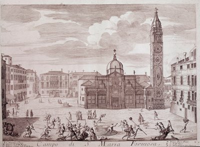 Kilátás a Santa Maria Formosa templom terére, a velencei metszet a „Teatro di Venezia”-ból” 18. századi Velence, Museo Correr alkotó: Italian School