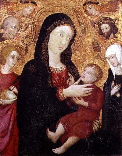 Szűz és gyermek S. Bernadinóval, Zsigmonddal, Klárával és Crescentiusszal, 15. század 2. fele (tempera a táblán) alkotó: Italian School