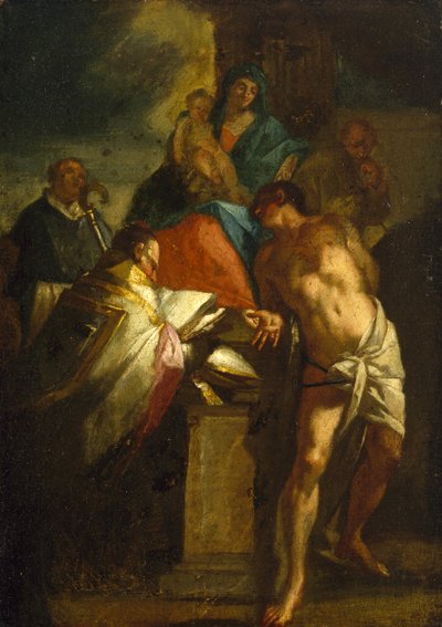 Szűz és gyermek Szent Sebestyénnel és egy szent püspökkel, 17. század alkotó: Italian School