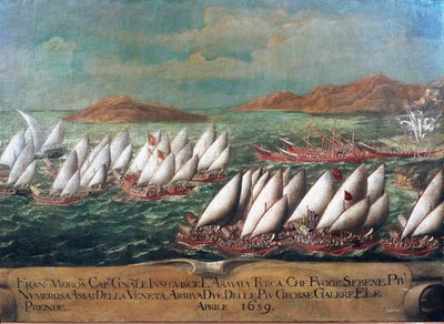 Candia háború (kréta): a velencei flotta a Francesco Morosini dózsa által vezetett hadjárat során a törökök ellen 1659-ben A velencei iskola festménye. 17. század - Velence, Correr Múzeum alkotó: Italian School