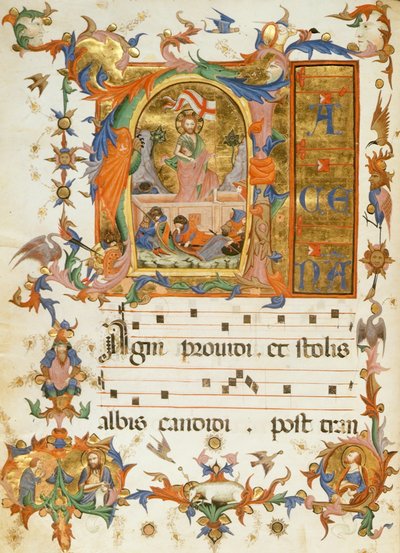 f.80v The Resurrection, a „Szent Megváltó kolostorának himnuszkönyvéből”, Siena 1415 (vellum) alkotó: Italian School