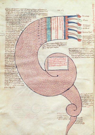 ms.ASPi, C.M 15, c.3v Szövegoldal egy apokaliptikus sárkánnyal, a Liber Figurarum e le Proemisssiones Gioachimitiche-ből, Joachim of Flora (c.1132-1202) alkotó: Italian School