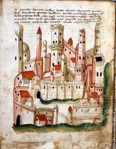 Kilátás Jeruzsálem városára, Niccolo da Poggibonsi Libro dOltramare-ből (toll, tinta és tempera pergamen) alkotó: Italian School Italian School