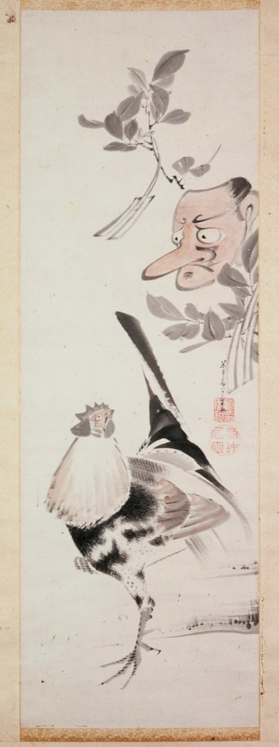 Cockerel and Tengu-Mask, 1775 körül (tinta és világos színű papíron) alkotó: Ito Jakuchu