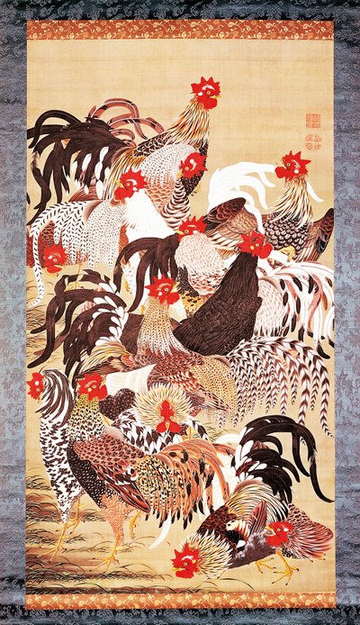 Tizenhárom kakas, a Doshoku Sai-e (Az élőlények színes birodalma) Edo-korszakból. 1757-66 körül (színes selyemre) alkotó: Ito Jakuchu