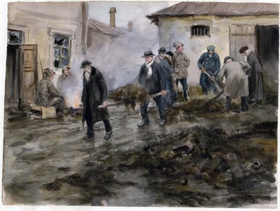Burzsoá nettoyant une etable - Istállókat takarító burzsoázia (az orosz forradalom akvarellsorozatból) - Vladimirov, Ivan Alekszejevics (1869-1947) - 1920 - Akvarell papíron - 25,8x34,4 - Magángyűjtemény alkotó: Ivan Alexeyevich Vladimirov